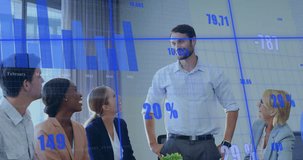 Animation of financial data processing over diverse business people in office. Global business, computing and data processing concept digitally generated video.