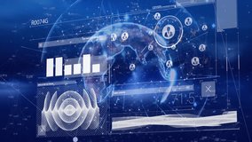 Animation of interface with data processing against light trails over spinning globe. Computer interface and business technology concept - Powered by Shutterstock - Get 15% off with code: PIKWIZARD15