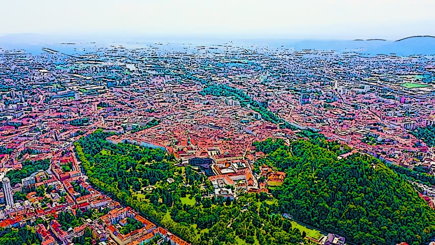 Color sketch in cartoon style. Graz, Austria. The historic city center aerial view. Mount Schlossberg (Castle Hill), Aerial View