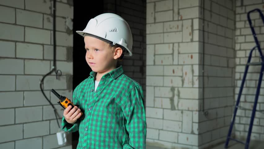 A 5-year-old boy of the buzzer Z generation plays on a construction site in a white helmet and with a walkie-talkie in his hand. A boy in a green shirt is talking on a radio at a site. High quality 4k Royalty-Free Stock Footage #1102547119