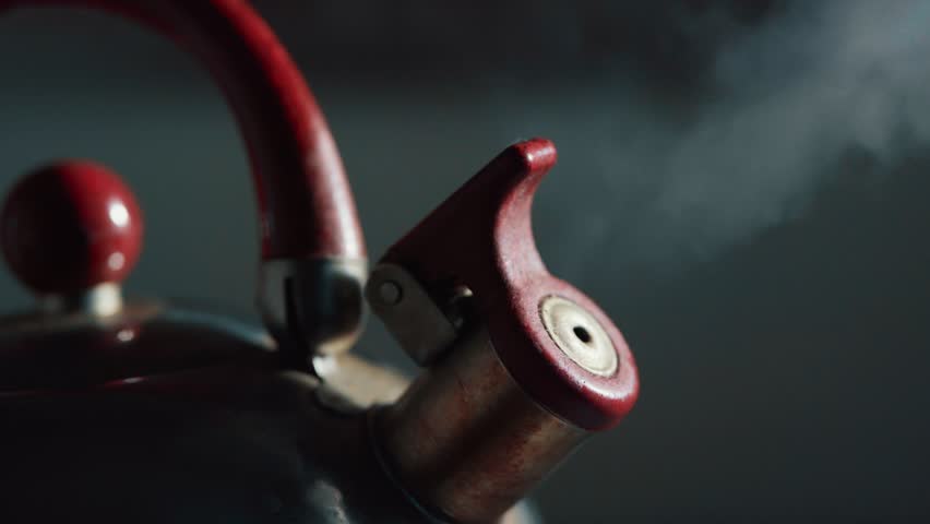 A close-up of the steam coming out of the spout of a boiling metal kettle.