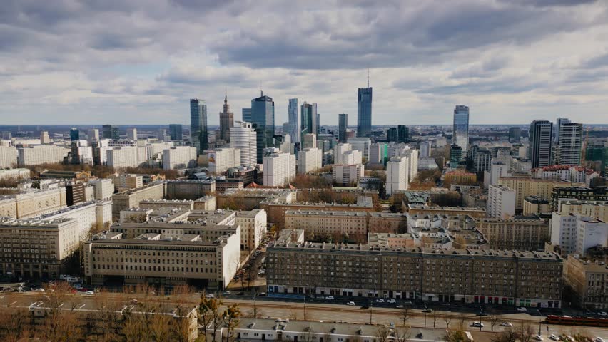 Aerial view of Warsaw during sunset. Amazing view for cityscape of Warsaw. In main point Palace of Culture and Science.