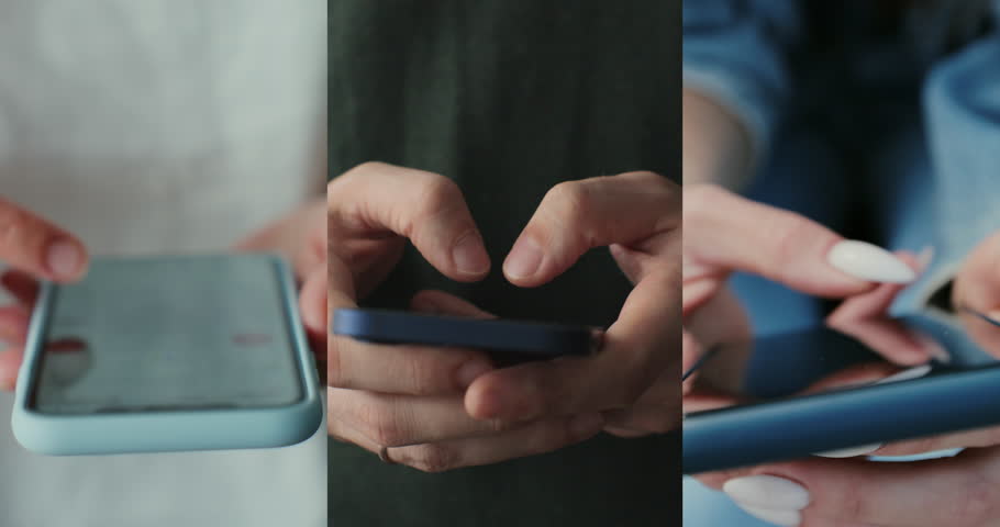 Multiscreen on people using smartphone in everyday life. People using the mobile phone. No-mobile-phone phobia. Multiscreen footage. Split screen variation. Royalty-Free Stock Footage #1102548957