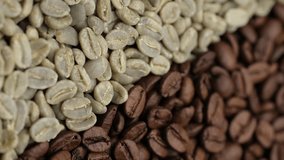 Raw and roasted coffee beans, rotation. Vertical footage