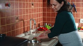 Latin American pregnant woman washes spinach leaves and veggies under tap in sink. Healthy nutrition and diet during pregnancy. Happy housewife preparing vegan meal. People. Food. Healthy lifestyles - Powered by Shutterstock - Get 15% off with code: PIKWIZARD15