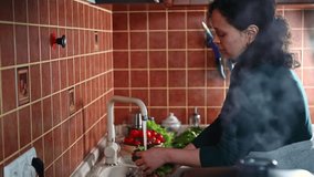 Multiethnic pregnant woman washes spinach and lettuce leaves under tap in home kitchen. In the foreground steam from a steamer while preparing a lunch. Healthy nutrition and diet during pregnancy - Powered by Shutterstock - Get 15% off with code: PIKWIZARD15