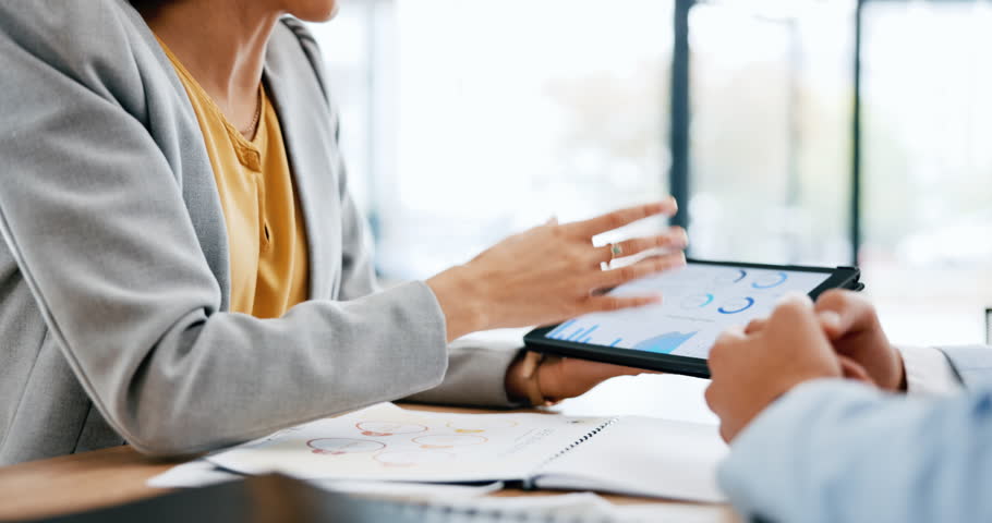 Business people, hands and tablet for analytics, meeting or collaboration in teamwork at the office. Hand of corporate employees in company statistics or profit on technology for data, chart or graph