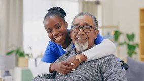 Elderly man, nurse and hug with face, smile and care in house for retirement, wellness and happiness. Nursing home, black woman and senior male with portrait, support and happy for healthcare service - Powered by Shutterstock - Get 15% off with code: PIKWIZARD15