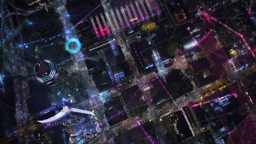 Futuristic City Skyline. Big Data, Artificial Intelligence, Internet of Things. Over Head Aerial View of Financial District With Charts And Data. Stock Exchange Figures. Neon.
 Royalty-Free Stock Footage #1102564421