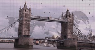 Animation of globe and data processing over london cityscape. Global business, finances, computing and data processing concept digitally generated video.