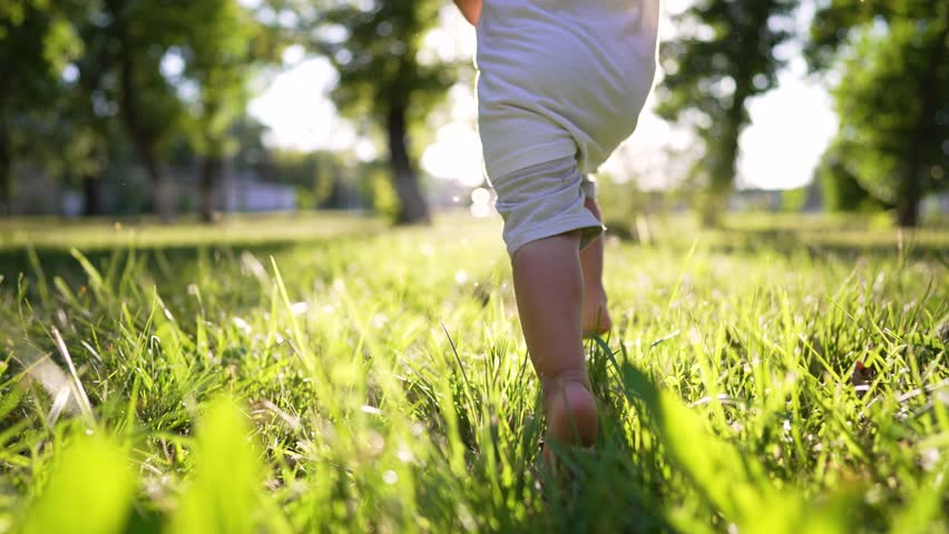 Boy kid run on grass in summer in park. Feet close up on green grass in sun. Kid dream in nature. Children play in the park on vacation. Active child jogging on a picnic in summer in a park in nature