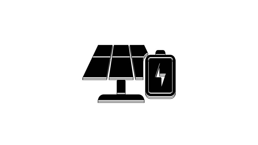 Black Solar energy panel and battery icon isolated on white background. 4K Video motion graphic animation.