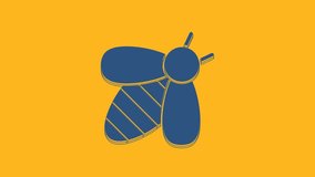 Blue Bee icon isolated on orange background. Sweet natural food. Honeybee or apis with wings symbol. Flying insect. 4K Video motion graphic animation.