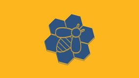 Blue Bee and honeycomb icon isolated on orange background. Honey cells. Honeybee or apis with wings symbol. Flying insect. Sweet natural food. 4K Video motion graphic animation.
