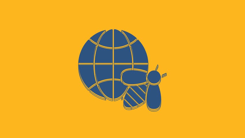 Blue Honeycomb map of the world and bee icon isolated on orange background. World bee day. Concept ecological event. 4K Video motion graphic animation.