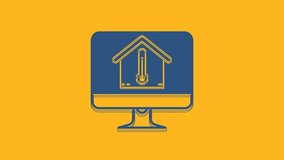 Blue Computer monitor with house temperature icon isolated on orange background. Thermometer icon. 4K Video motion graphic animation.