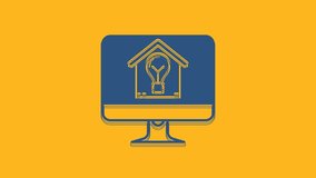 Blue Computer monitor with smart house and light bulb icon isolated on orange background. 4K Video motion graphic animation.