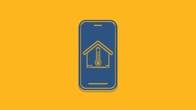 Blue Mobile phone with house temperature icon isolated on orange background. Thermometer icon. 4K Video motion graphic animation.