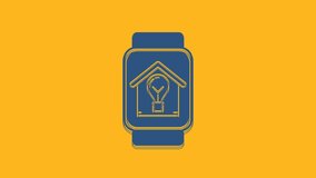 Blue Smart watch with smart house and light bulb icon isolated on orange background. 4K Video motion graphic animation.