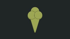 Green Ice cream in waffle cone icon isolated on black background. Sweet symbol. 4K Video motion graphic animation.