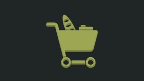 Green Shopping cart and food icon isolated on black background. Food store, supermarket. 4K Video motion graphic animation.