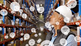 Animation of network of icons over caucasian male senior supervisor checking stock at warehouse. Global networking and logistics business technology concept - Powered by Shutterstock - Get 15% off with code: PIKWIZARD15