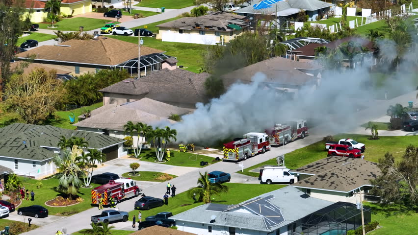 Aerial view of house on fire and firefighters extinguishing flames after short circuit caused spark to ignite wooden roof damaged by hurricane Ian wind. Home disaster in Florida suburban area Royalty-Free Stock Footage #1102577333