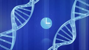 Animation of neon ticking clock and spinning dna structures against blue background. Medical research and science technology concept - Powered by Shutterstock - Get 15% off with code: PIKWIZARD15