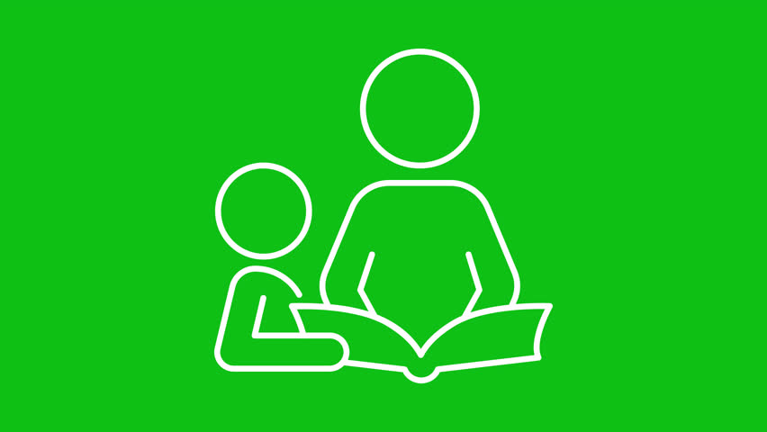 Reading with child white animation. Father and son holding open book. Loop HD video with chroma key, alpha channel on transparent background, black solid background. Animated outline icon Royalty-Free Stock Footage #1102584805