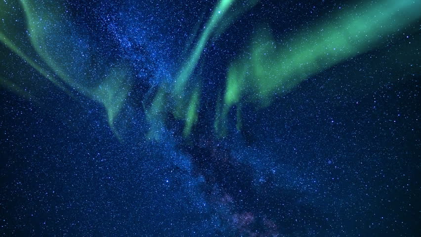 Aurora Borealis Green and Milky Way Galaxy Loop in Southeast Sky Royalty-Free Stock Footage #1102585895