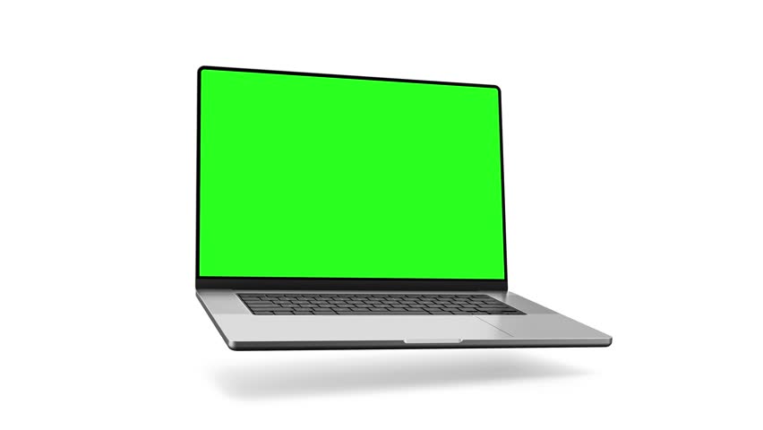 The laptop smoothly rotates towards the camera, revealing its screen and switching it on. The video features a luma matte or cut out mask for the screen and laptop, a shadow layer, and tracking marks
