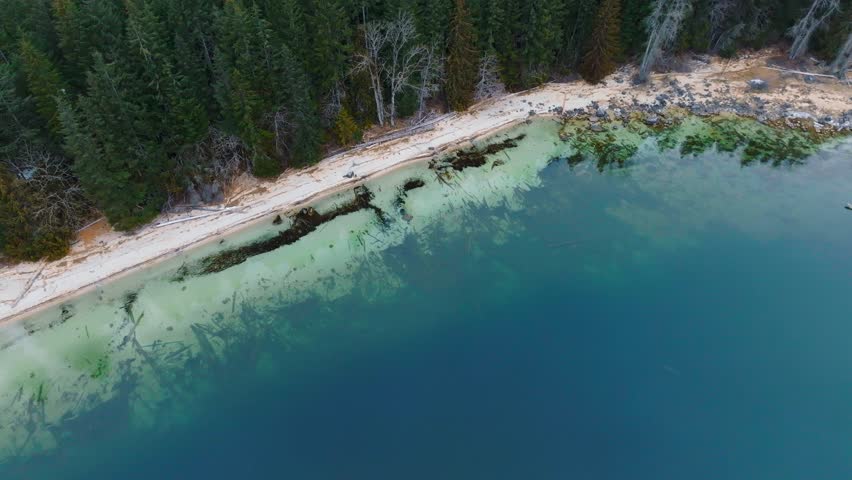 Top down view of the coast of Chilliwack Lake in winter