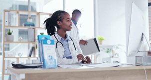 Computer, video call and woman doctor consulting for healthcare, meeting or medical innovation in office. online, conference and African female health expert discussing medicine, treatment or goal