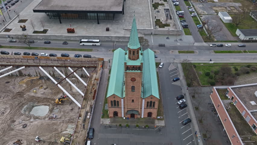 Drone shot of The St. Matthew Church ( St.-Matthäus-Kirche ) at the Kulturforum , Tiergarten Berlin Germany