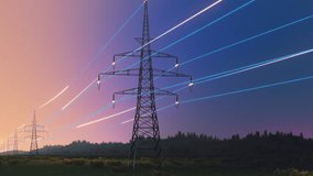 Electric Power Transmission Towers During a Beautiful Sunrise. Early Morning Footage with Digital Visualization of Electric Grid. Concept of Eco-Friendly Environment and Green Energy - Powered by Shutterstock - Get 15% off with code: PIKWIZARD15
