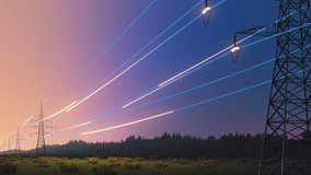 Electric Power Transmission Towers During a Beautiful Sunrise. Early Morning Footage with Digital Visualization of Electric Grid. Concept of Eco-Friendly Environment and Green Energy - Powered by Shutterstock - Get 15% off with code: PIKWIZARD15