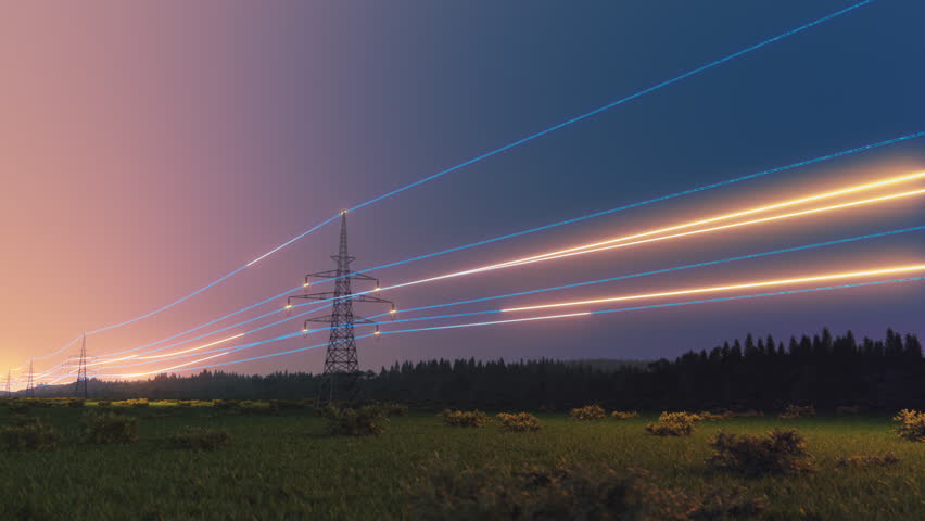 Sunset View of High Voltage Electric Line Pylons with Visualized Digital Power Flows. Fast-Paced 3D Render with Electrical Power Grid. Concept of Sustainable Green Energy and Clean Environment Royalty-Free Stock Footage #1102594841