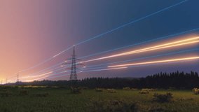 Sunset View of High Voltage Electric Line Pylons with Visualized Digital Power Flows. Fast-Paced 3D Render with Electrical Power Grid. Concept of Sustainable Green Energy and Clean Environment - Powered by Shutterstock - Get 15% off with code: PIKWIZARD15
