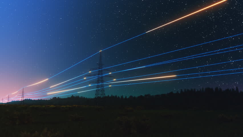 Power Transmission Lines with 3D Digital Visualization of Electricity. Scenic Moving Timelapse Footage with Night Sky Full of Stars. Concept of Renewable Green Energy and Ecological Environment Royalty-Free Stock Footage #1102594843