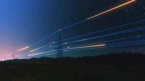 Power Transmission Lines with 3D Digital Visualization of Electricity. Scenic Moving Timelapse Footage with Night Sky Full of Stars. Concept of Renewable Green Energy and Ecological Environment - Powered by Shutterstock - Get 15% off with code: PIKWIZARD15