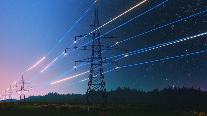 Power Transmission Lines with 3D Digital Visualization of Electricity. Scenic Footage with Night Sky Full of Bright Stars. Concept of Renewable Green Energy and Clean Ecological Environment Royalty-Free Stock Footage #1102594845