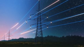Power Transmission Lines with 3D Digital Visualization of Electricity. Scenic Footage with Night Sky Full of Bright Stars. Concept of Renewable Green Energy and Clean Ecological Environment - Powered by Shutterstock - Get 15% off with code: PIKWIZARD15
