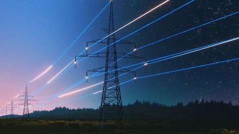 Power Transmission Lines with 3D Digital Visualization of Electricity. Scenic Footage with Night Sky Full of Bright Stars. Concept of Renewable Green Energy and Clean Ecological Environment Stock Video