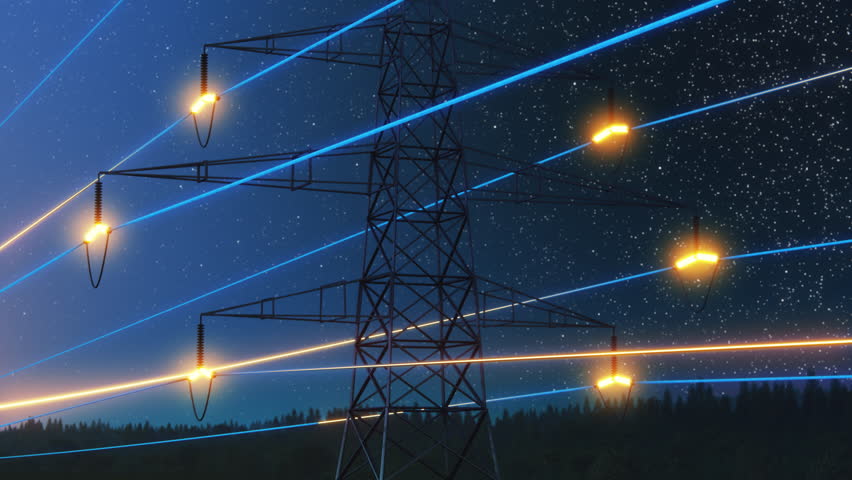 Power Transmission Lines with 3D Digital Visualization of Electricity. Scenic Animation with Night Sky Full of Stars. Concept of Renewable Green Energy and Ecological Environment Royalty-Free Stock Footage #1102594847