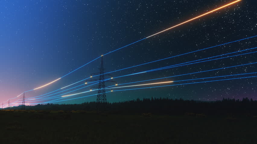Overhead Electricity Transmission Lines with 3D Digital Visualization of Electricity. Epic Animation with Night Sky Full of Stars. Concept of Renewable Green Energy and Ecological Environment Royalty-Free Stock Footage #1102594857