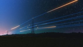 Overhead Electricity Transmission Lines with 3D Digital Visualization of Electricity. Epic Animation with Night Sky Full of Stars. Concept of Renewable Green Energy and Ecological Environment - Powered by Shutterstock - Get 15% off with code: PIKWIZARD15