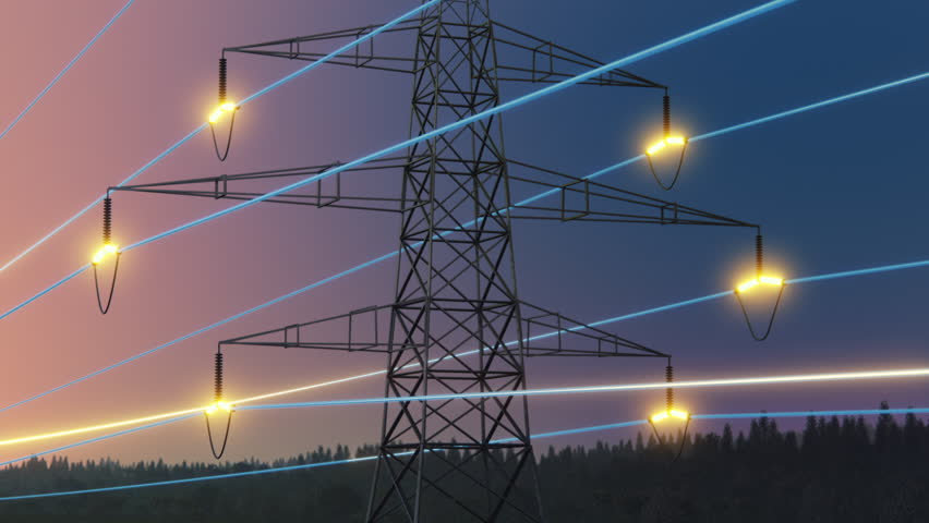 Electric Power Transmission Tower During a Beautiful Sunset. Digital Visualization of Electric Grid. Concept of Eco-Friendly Environment and Green Energy Royalty-Free Stock Footage #1102594859