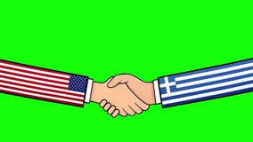 Agreement between American and Greece politics Animation with country flags. Shake hands Cartoon, Global Business handshake concept. Chroma key, Alpha channel, Matte finish. 4K Video Loop. - Powered by Shutterstock - Get 15% off with code: PIKWIZARD15