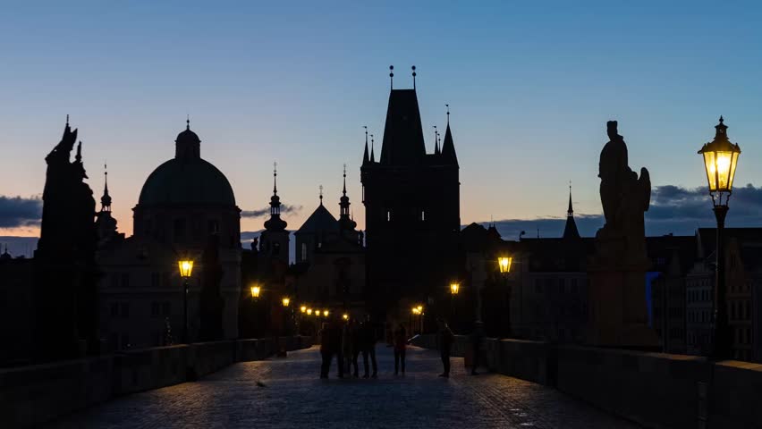 Prague city skyline architecture and urban time lapse sunrise view in Czech Republic.