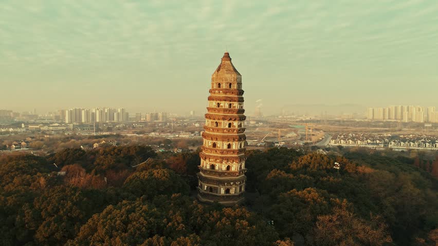 Aerial view of Tiger Hill Pagoda (Huqiu) in city of Suzhou in Jiangsu, China